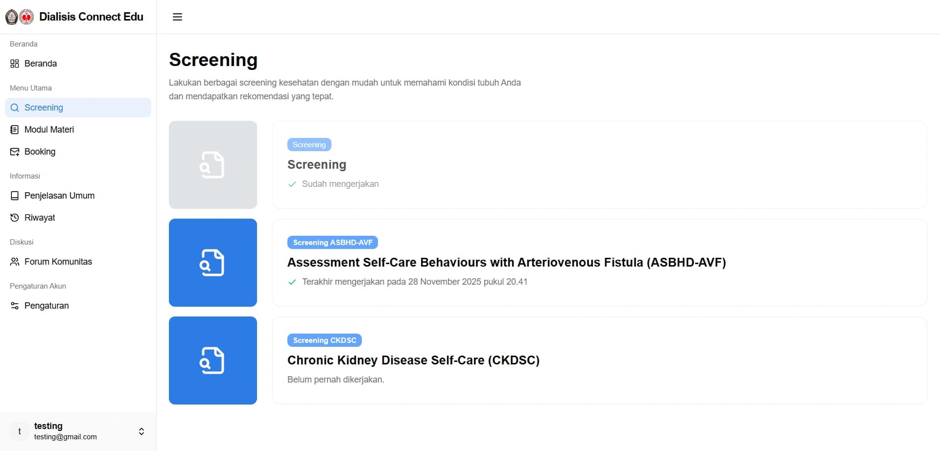 Chronic kidney disease self-care assessment screening catalog displaying available educational questionnaires.