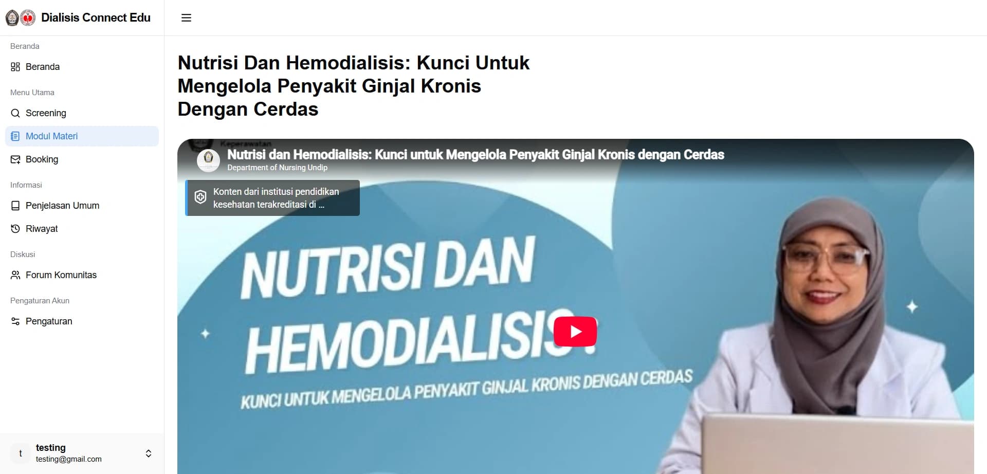 Educational lesson viewer displaying dietary guidance and interactive dialysis care video materials.