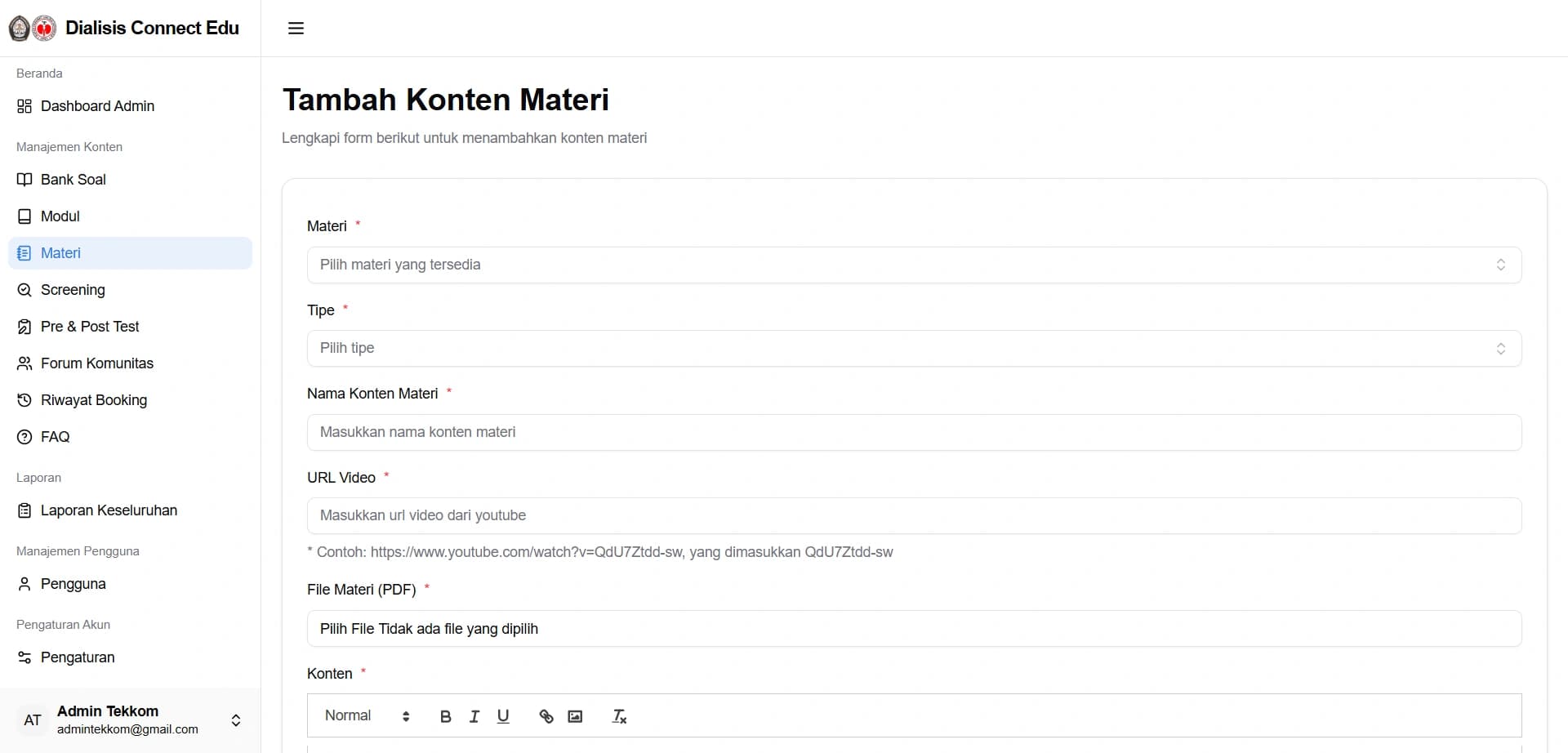 Administrator content management console for publishing lessons, YouTube video links, and PDF booklets.