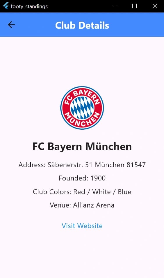 Football club profile details screen on mobile with club crest, founding year, stadium name, and website link.