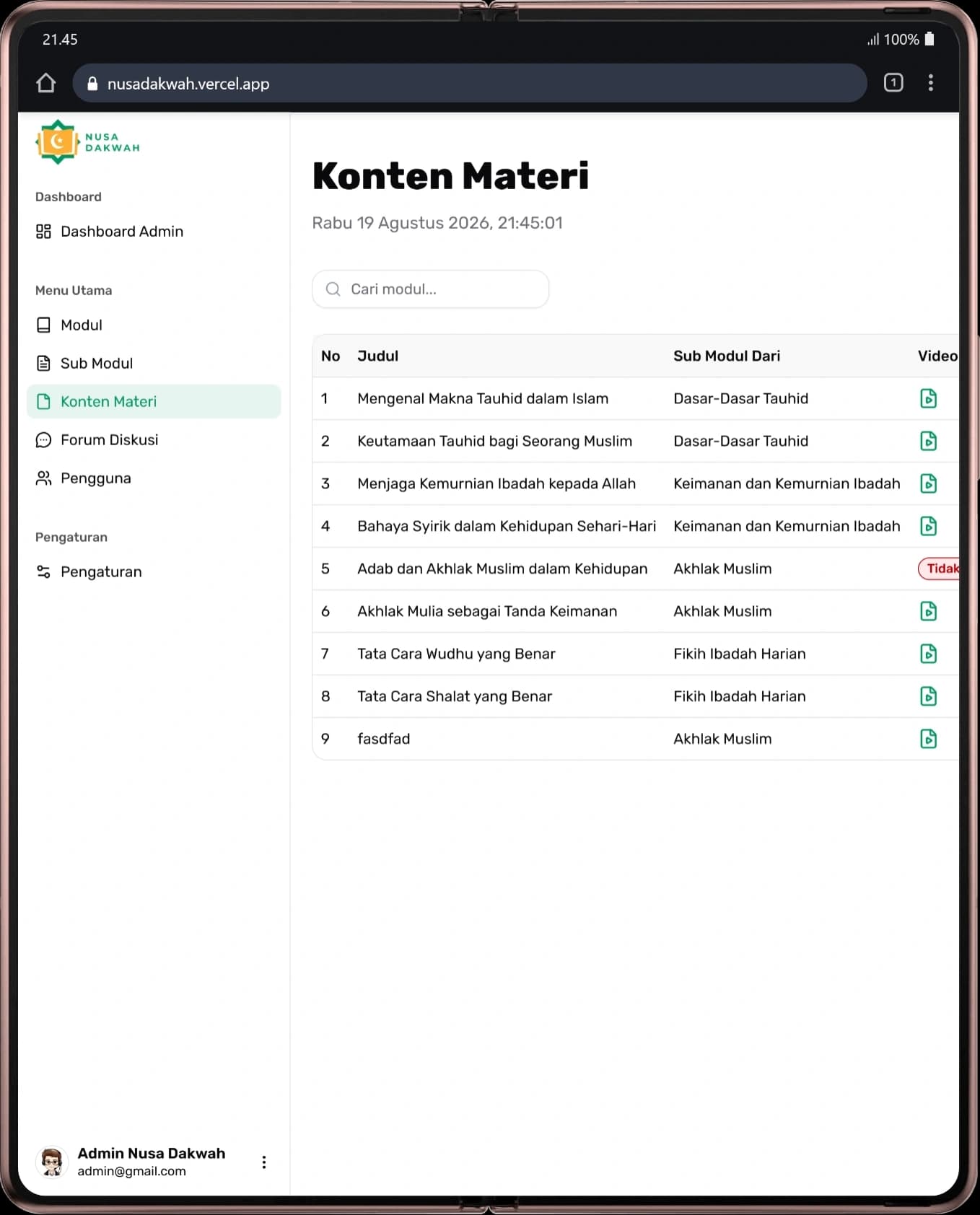 Admin console on mobile displaying structured module, submodule, and lesson material catalog.