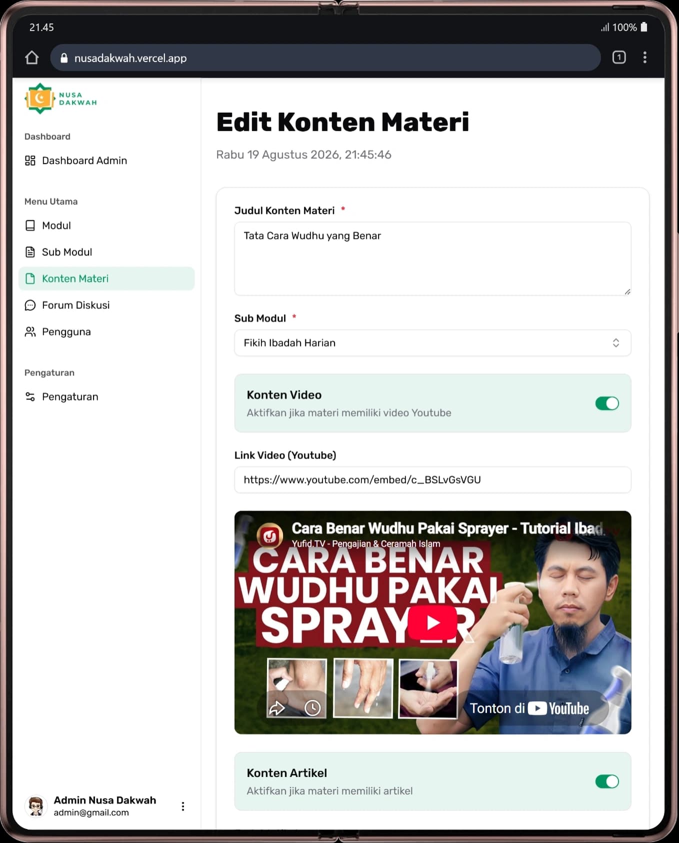 Content editing form on mobile for managing module hierarchy, lesson text, and video toggle settings.