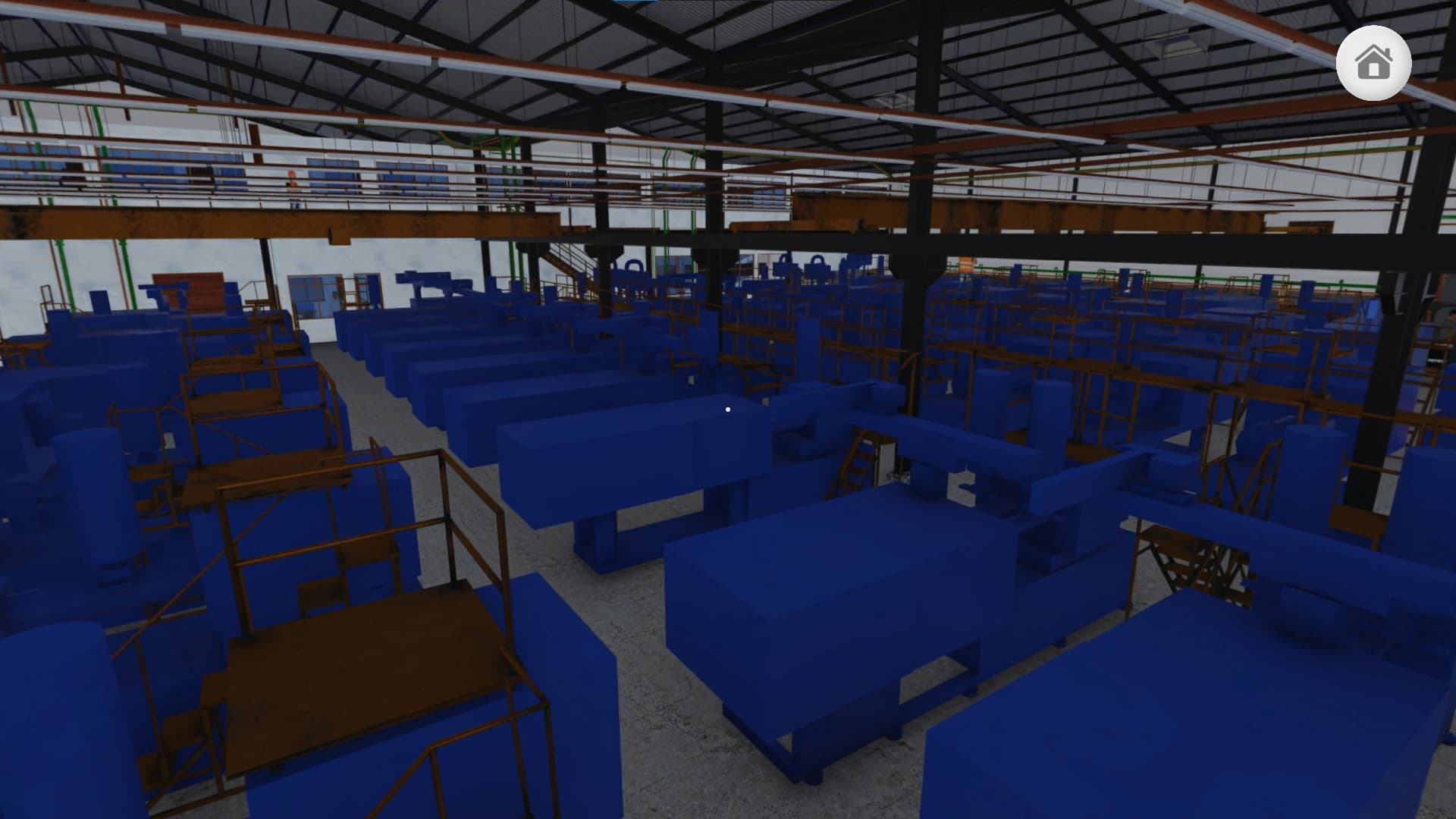 Sudut pandang anjungan mezzanine yang menghadap ke area mesin manufaktur dan struktur bangunan pabrik.