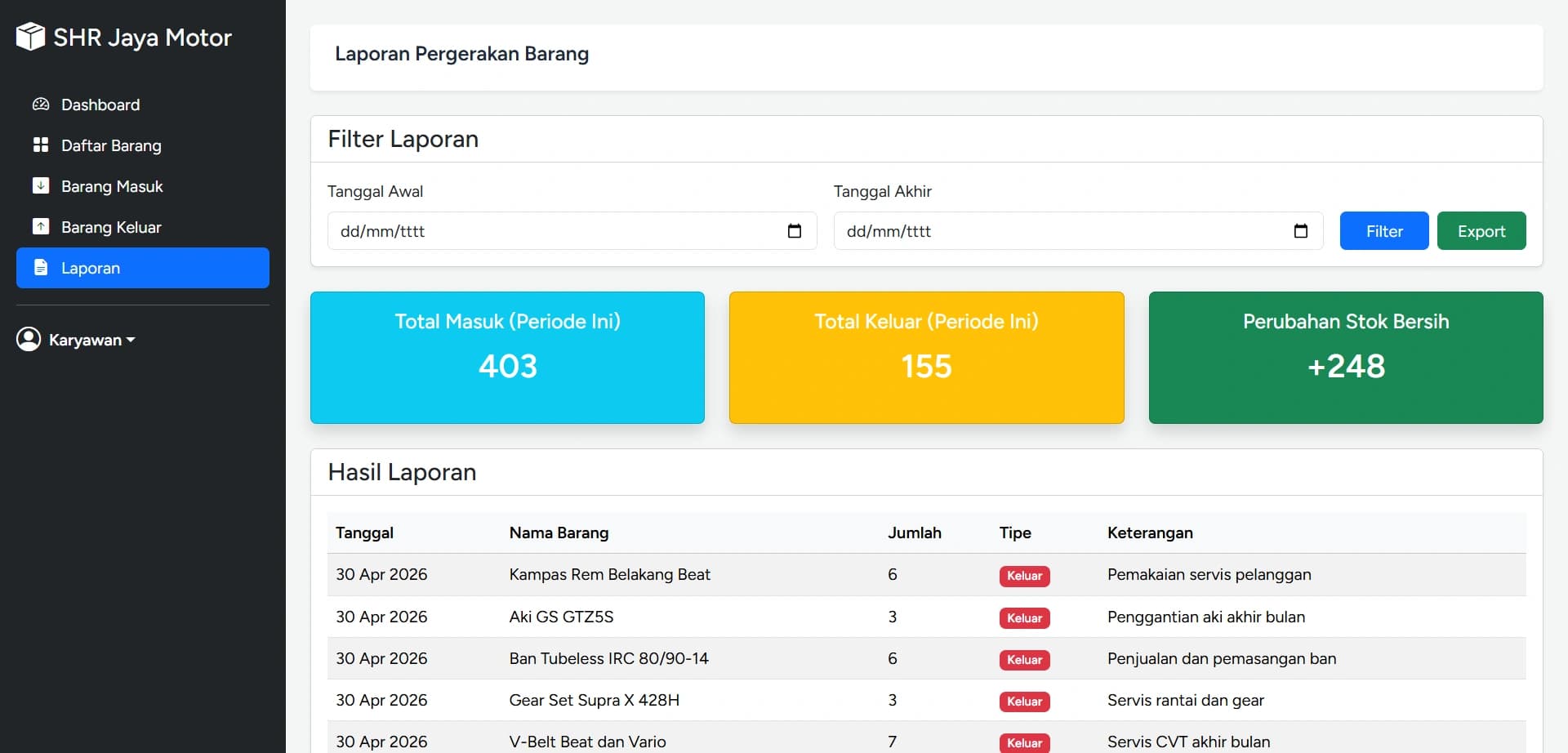 SIMASTOK stock movement report page showing date-range filter, total incoming and outgoing cards, and PDF export.