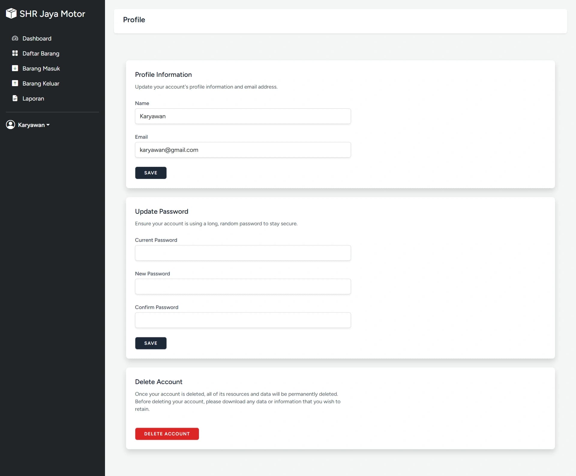 SIMASTOK user profile settings page with personal information and password update forms.