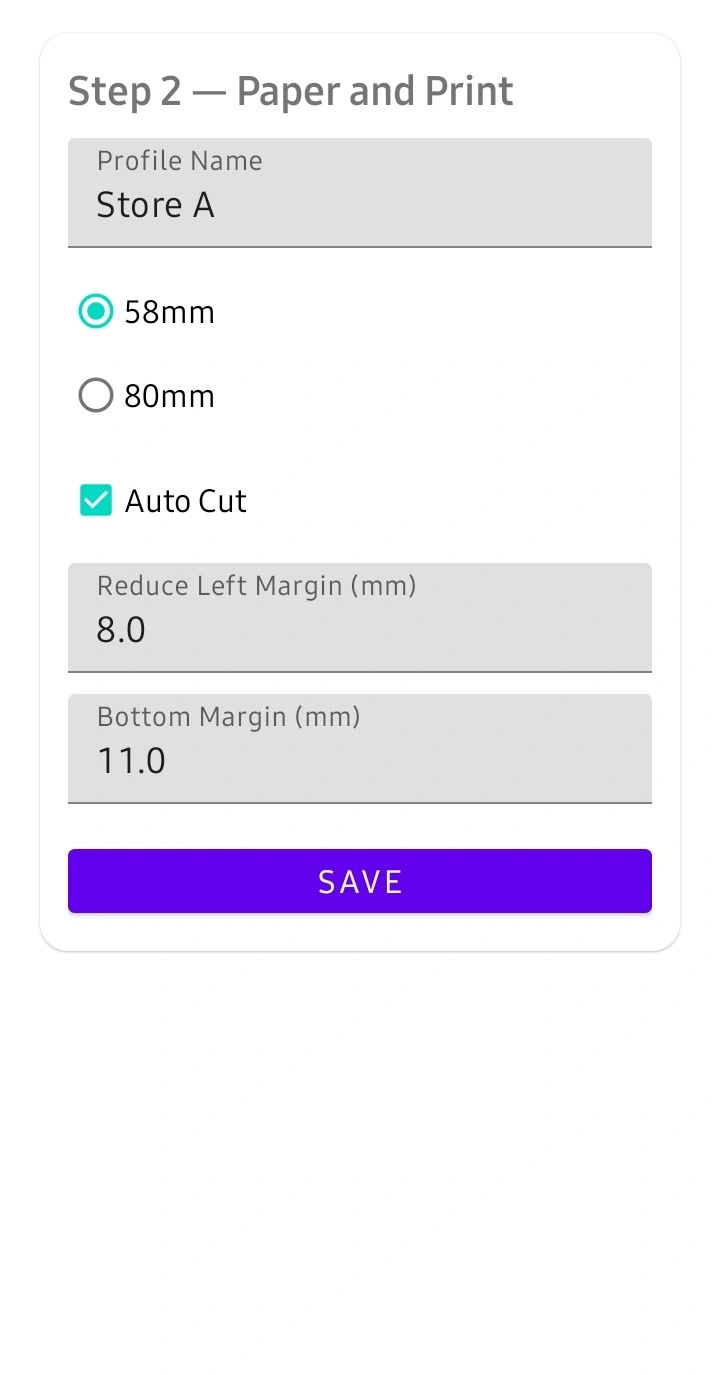 Layar pengaturan parameter printer untuk memilih lebar kertas 58 mm atau 80 mm serta kalibrasi margin cetak.
